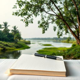 A serene and peaceful Indian river landscape as the background of a detailed plain book cover