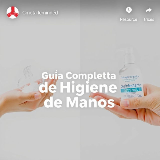 una miniatura para un video en YouTube que muestra a la izquierda un lavado de manos clínico con agua y jabón, y a la derecha la aplicación de desinfectante de manos a base de alcohol