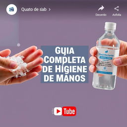 una miniatura para un video en YouTube que muestra a la izquierda un lavado de manos clínico con agua y jabón, y a la derecha la aplicación de desinfectante de manos a base de alcohol