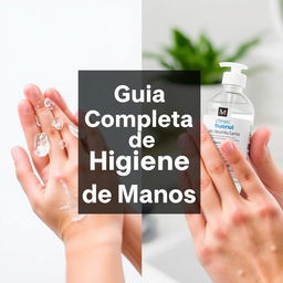 una miniatura para un video en YouTube que muestra a la izquierda un lavado de manos clínico con agua y jabón, y a la derecha la aplicación de desinfectante de manos a base de alcohol