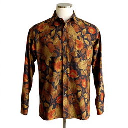 A traditional and artistic men's batik shirt displayed on a mannequin