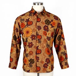 A traditional and artistic men's batik shirt displayed on a mannequin