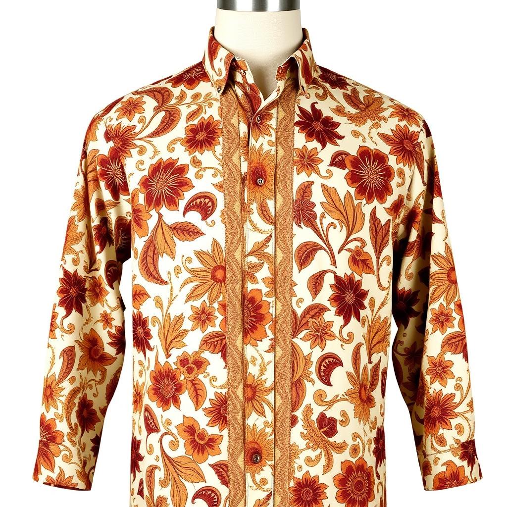 A traditional and artistic men's batik shirt displayed on a mannequin