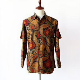 A traditional and artistic men's batik shirt displayed on a mannequin