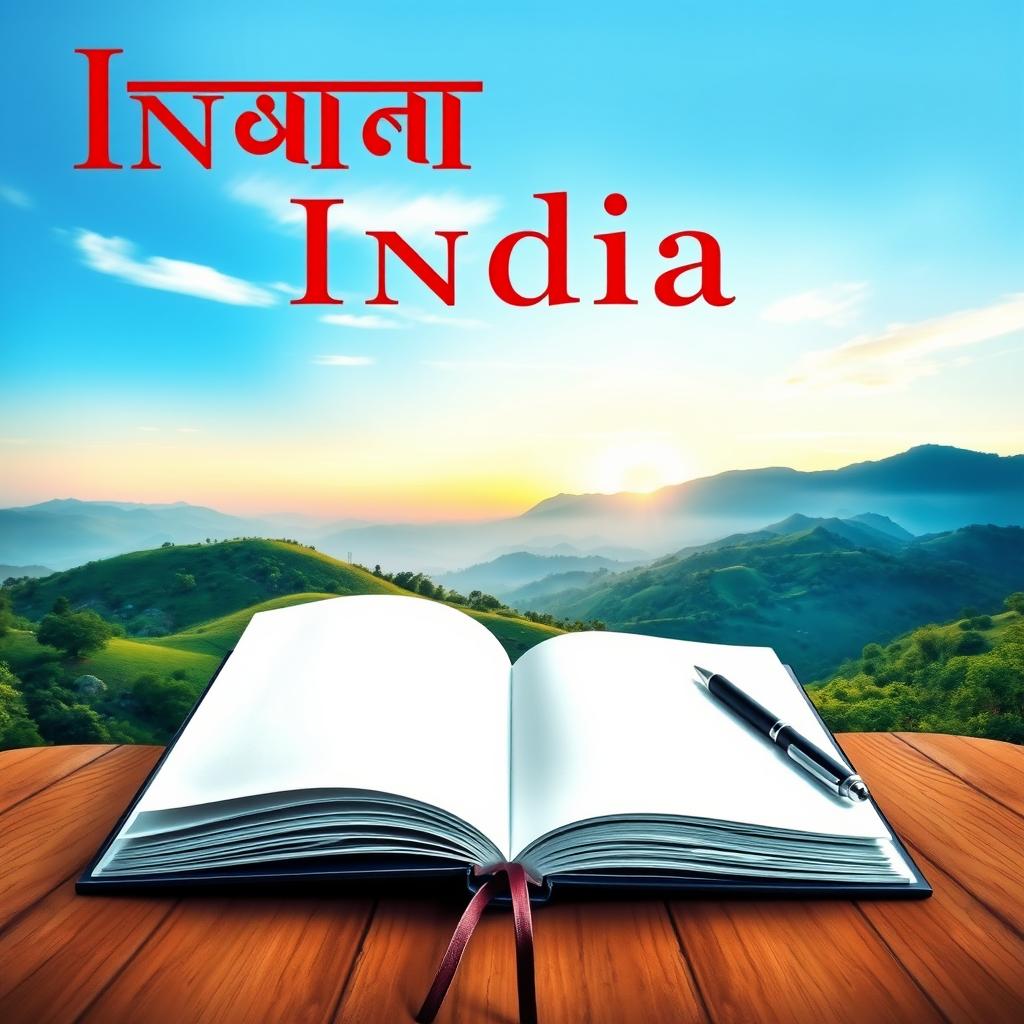 A detailed book cover featuring a serene and peaceful Indian landscape with rolling hills and lush greenery under a clear blue sky