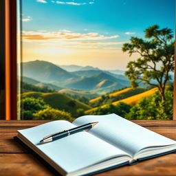 A detailed book cover featuring a serene and peaceful Indian landscape with rolling hills and lush greenery under a clear blue sky