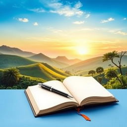 A detailed book cover featuring a serene and peaceful Indian landscape with rolling hills and lush greenery under a clear blue sky