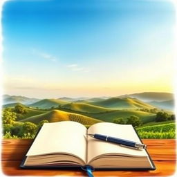 A detailed book cover featuring a serene and peaceful Indian landscape with rolling hills and lush greenery under a clear blue sky