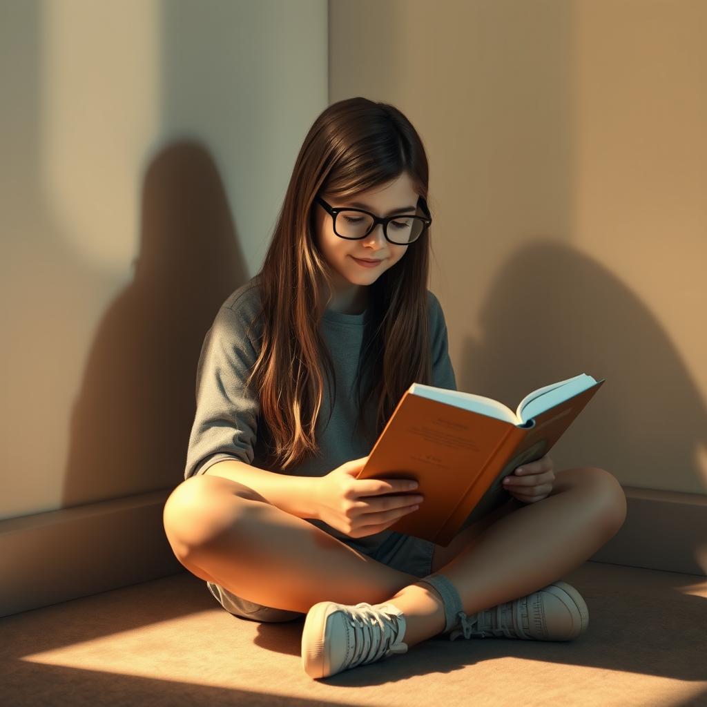 A 14-year-old girl with long brown hair and glasses, sitting cross-legged on the floor, immersed in reading a book