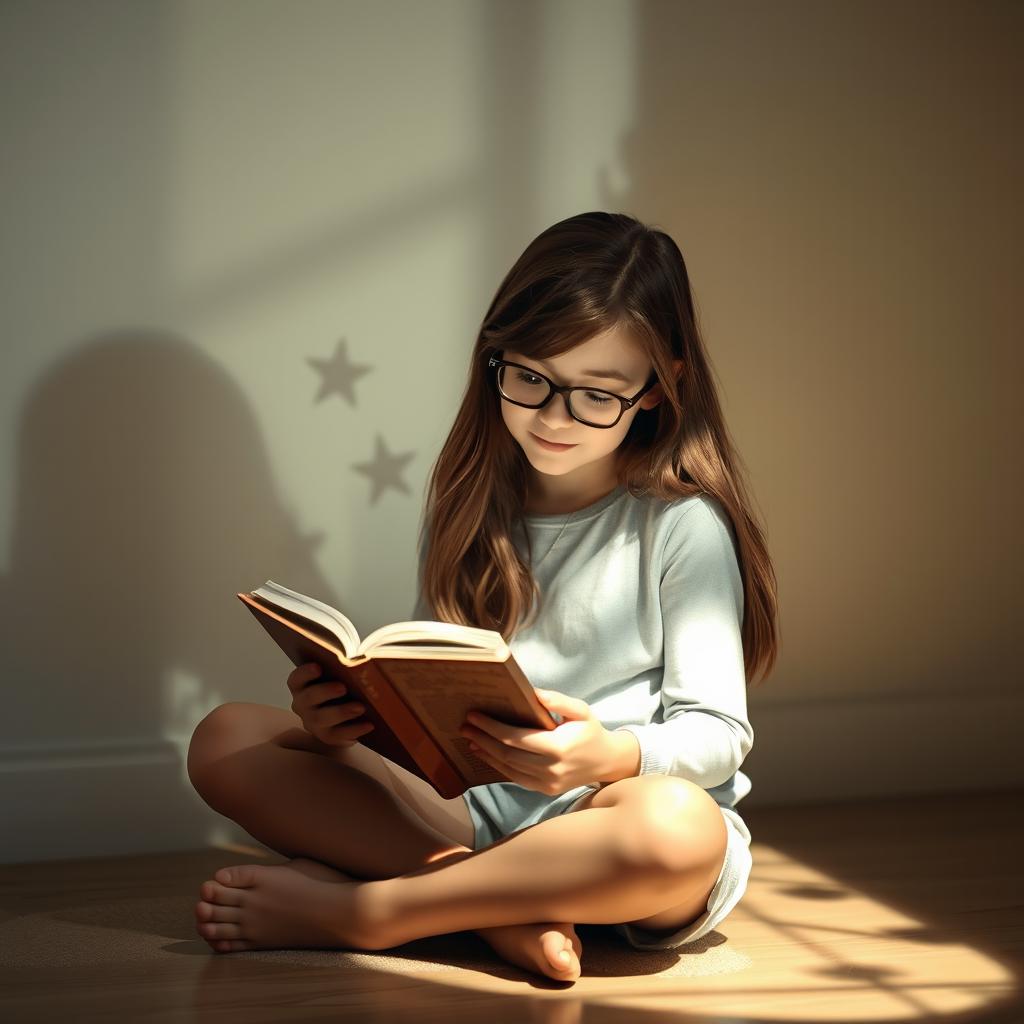 A 14-year-old girl with long brown hair and glasses, sitting cross-legged on the floor, immersed in reading a book