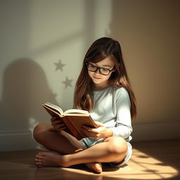 A 14-year-old girl with long brown hair and glasses, sitting cross-legged on the floor, immersed in reading a book