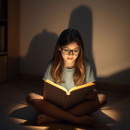 A 14-year-old girl with long brown hair and glasses, sitting cross-legged on the floor, immersed in reading a book