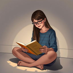 A 14-year-old girl with long brown hair and glasses, sitting cross-legged on the floor, immersed in reading a book