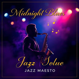 A vibrant and expressive music cover page design for a jazz song, featuring a saxophone player passionately performing under a spotlight on a dimly lit stage