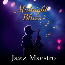 A vibrant and expressive music cover page design for a jazz song, featuring a saxophone player passionately performing under a spotlight on a dimly lit stage