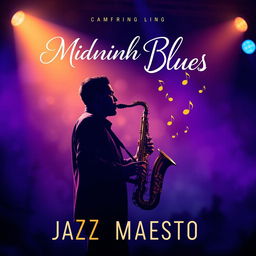 A vibrant and expressive music cover page design for a jazz song, featuring a saxophone player passionately performing under a spotlight on a dimly lit stage