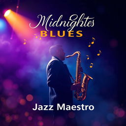 A vibrant and expressive music cover page design for a jazz song, featuring a saxophone player passionately performing under a spotlight on a dimly lit stage