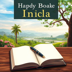 a detailed book cover design featuring a serene and peaceful scene, showcasing a beautiful Indian landscape in the background, characterized by lush greenery, distant hills, and a tranquil river reflecting the soft hues of the sky