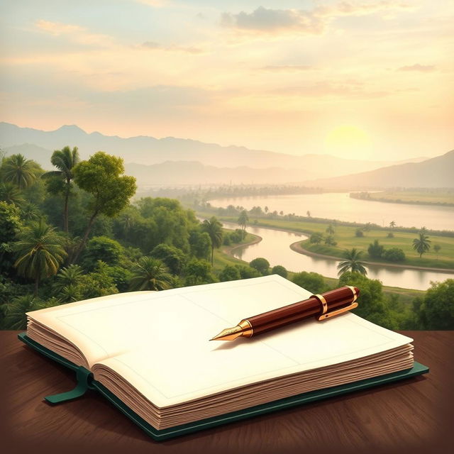 a detailed book cover design featuring a serene and peaceful scene, showcasing a beautiful Indian landscape in the background, characterized by lush greenery, distant hills, and a tranquil river reflecting the soft hues of the sky