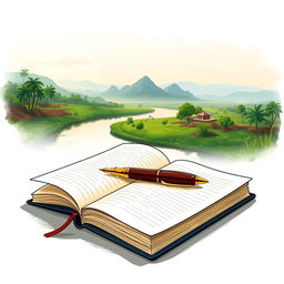 a detailed book cover design featuring a serene and peaceful scene, showcasing a beautiful Indian landscape in the background, characterized by lush greenery, distant hills, and a tranquil river reflecting the soft hues of the sky