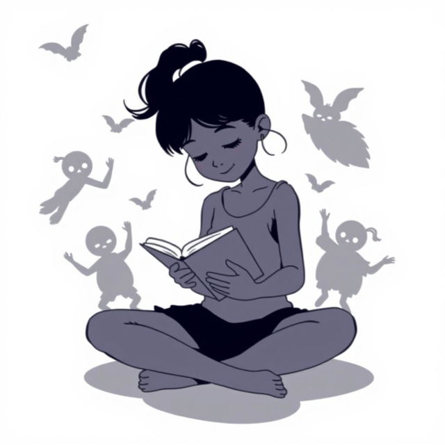 A silhouette cartoon of a 14-year-old girl sitting cross-legged on the floor, reading a book