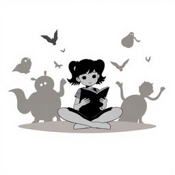 A silhouette cartoon of a 14-year-old girl sitting cross-legged on the floor, reading a book