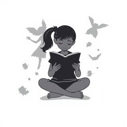 A silhouette cartoon of a 14-year-old girl sitting cross-legged on the floor, reading a book