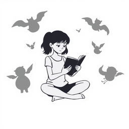 A silhouette cartoon of a 14-year-old girl sitting cross-legged on the floor, reading a book