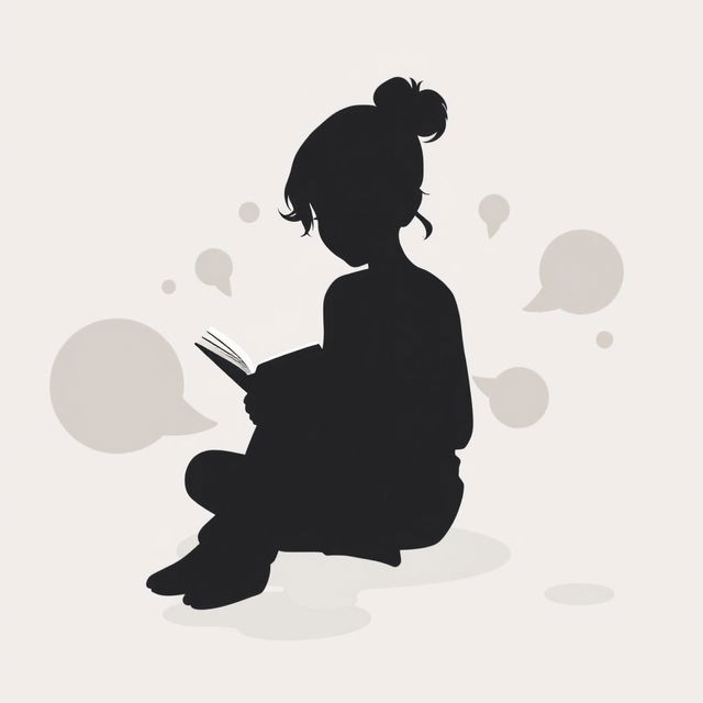 A silhouette of a 14-year-old girl sitting on the floor, deeply engrossed in reading a book, her posture relaxed and thoughtful