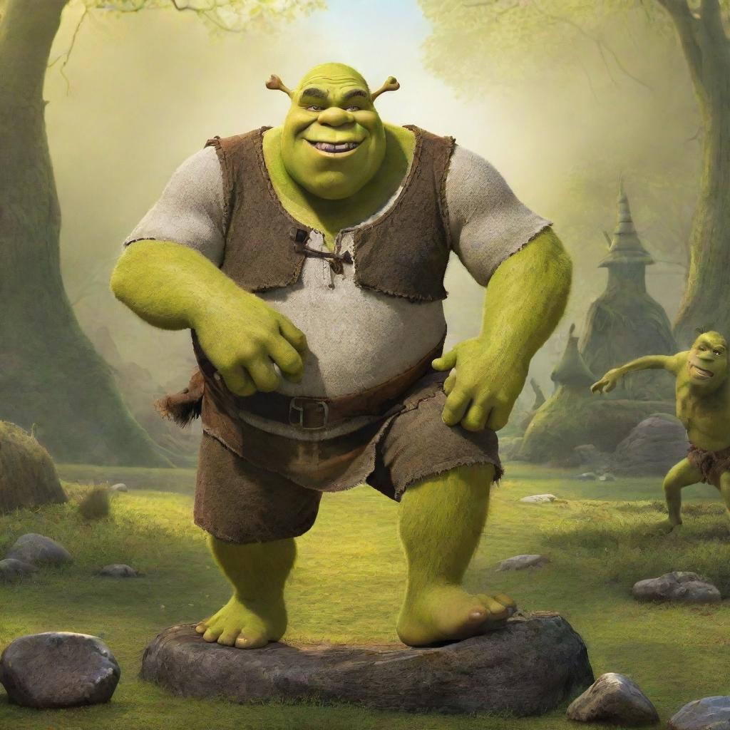 A visually striking poster of Shrek, the iconic green ogre, in a dynamic pose with his beloved swamp in the background