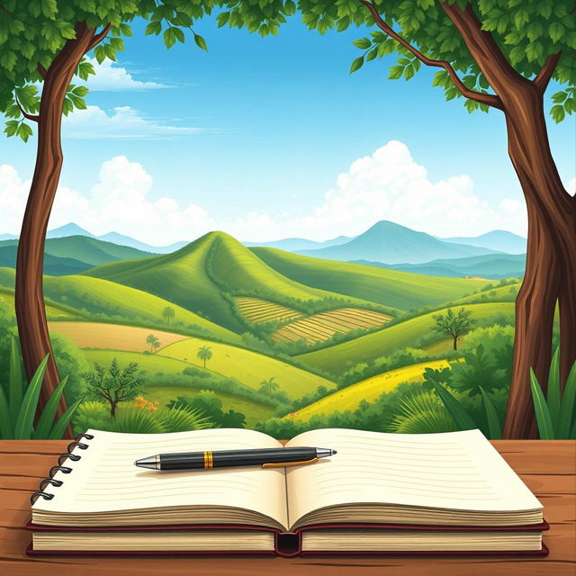 A detailed plain book cover illustrating a serene and peaceful Indian landscape in the background