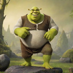 A visually striking poster of Shrek, the iconic green ogre, in a dynamic pose with his beloved swamp in the background