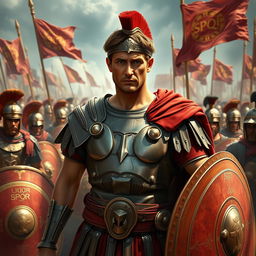 Julius Caesar, wearing a Roman general's armor, stands boldly, surrounded by the legions of Rome