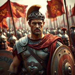 Julius Caesar, wearing a Roman general's armor, stands boldly, surrounded by the legions of Rome