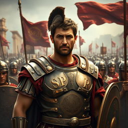 Julius Caesar, wearing a Roman general's armor, stands boldly, surrounded by the legions of Rome