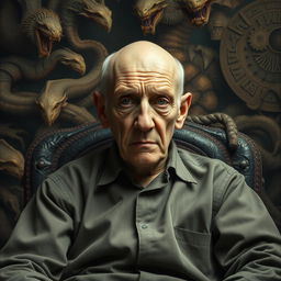 An old, bald man sitting in a chair facing the viewer