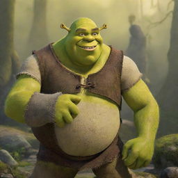 A visually striking poster of Shrek, the iconic green ogre, in a dynamic pose with his beloved swamp in the background