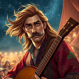 A charismatic human bard with flowing long brown hair, a fancy and well-groomed mustache, and piercing brown eyes