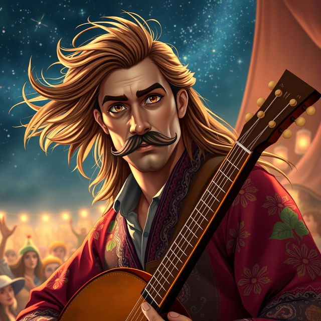 A charismatic human bard with flowing long brown hair, a fancy and well-groomed mustache, and piercing brown eyes