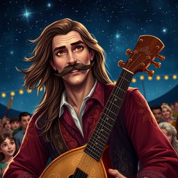 A charismatic human bard with flowing long brown hair, a fancy and well-groomed mustache, and piercing brown eyes