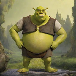 A visually striking poster of Shrek, the iconic green ogre, in a dynamic pose with his beloved swamp in the background