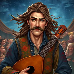 A charismatic human bard with flowing long brown hair, a fancy and well-groomed mustache, and piercing brown eyes