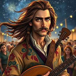 A charismatic human bard with flowing long brown hair, a fancy and well-groomed mustache, and piercing brown eyes