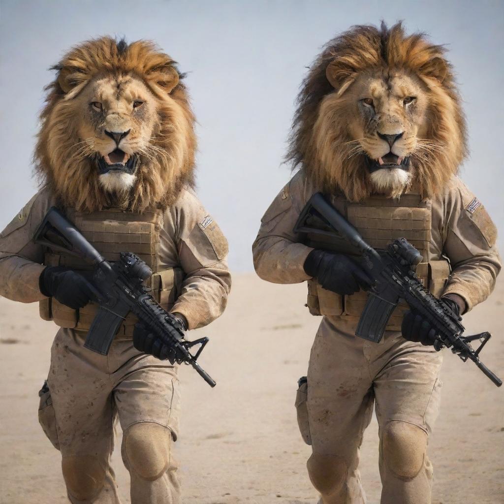 A surreal image of U.S. Navy SEALs but their heads are replaced with majestic lion heads. They are in their full combat gear, performing a military operation.