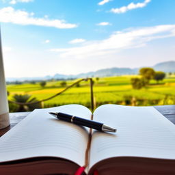 A detailed book cover featuring a serene and peaceful scene with a beautiful Indian landscape in the background