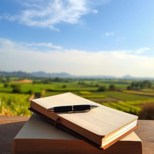 A detailed book cover featuring a serene and peaceful scene with a beautiful Indian landscape in the background