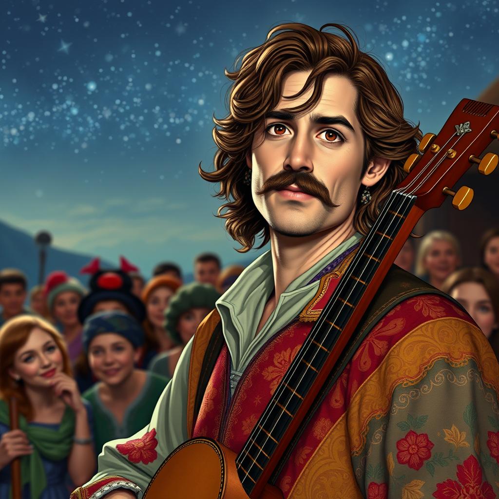 A charismatic human bard with slightly curly, long brown hair, a fancy and well-groomed mustache, and expressive brown eyes