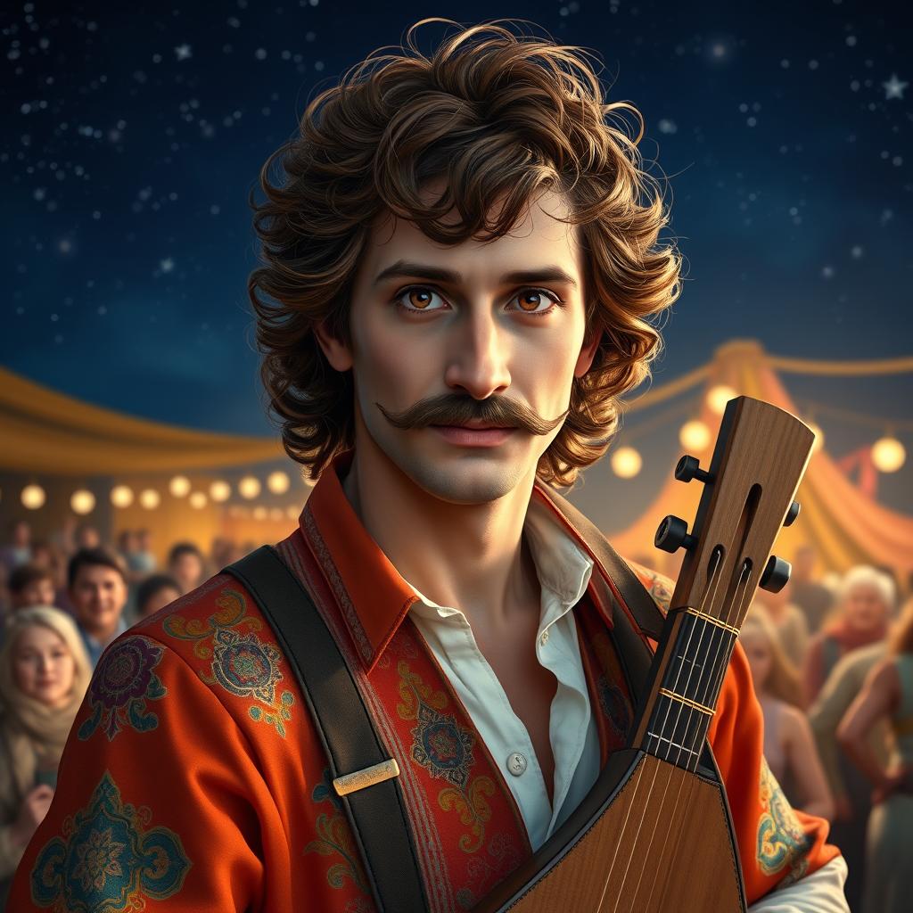 A charismatic human bard with slightly curly, long brown hair, a fancy and well-groomed mustache, and expressive brown eyes