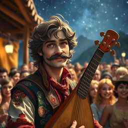 A charismatic human bard with slightly curly, long brown hair, a fancy and well-groomed mustache, and expressive brown eyes