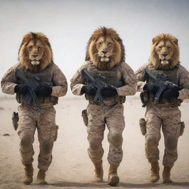 A surreal image of U.S. Navy SEALs but their heads are replaced with majestic lion heads. They are in their full combat gear, performing a military operation.